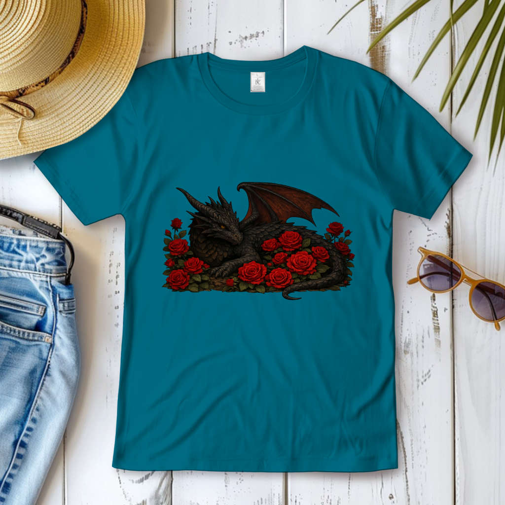 Damen T-Shirt Drache schwarz liegend in Rosen