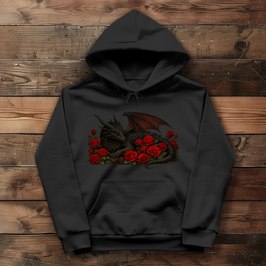Damen Hoodie Drache schwarz liegend in Rosen