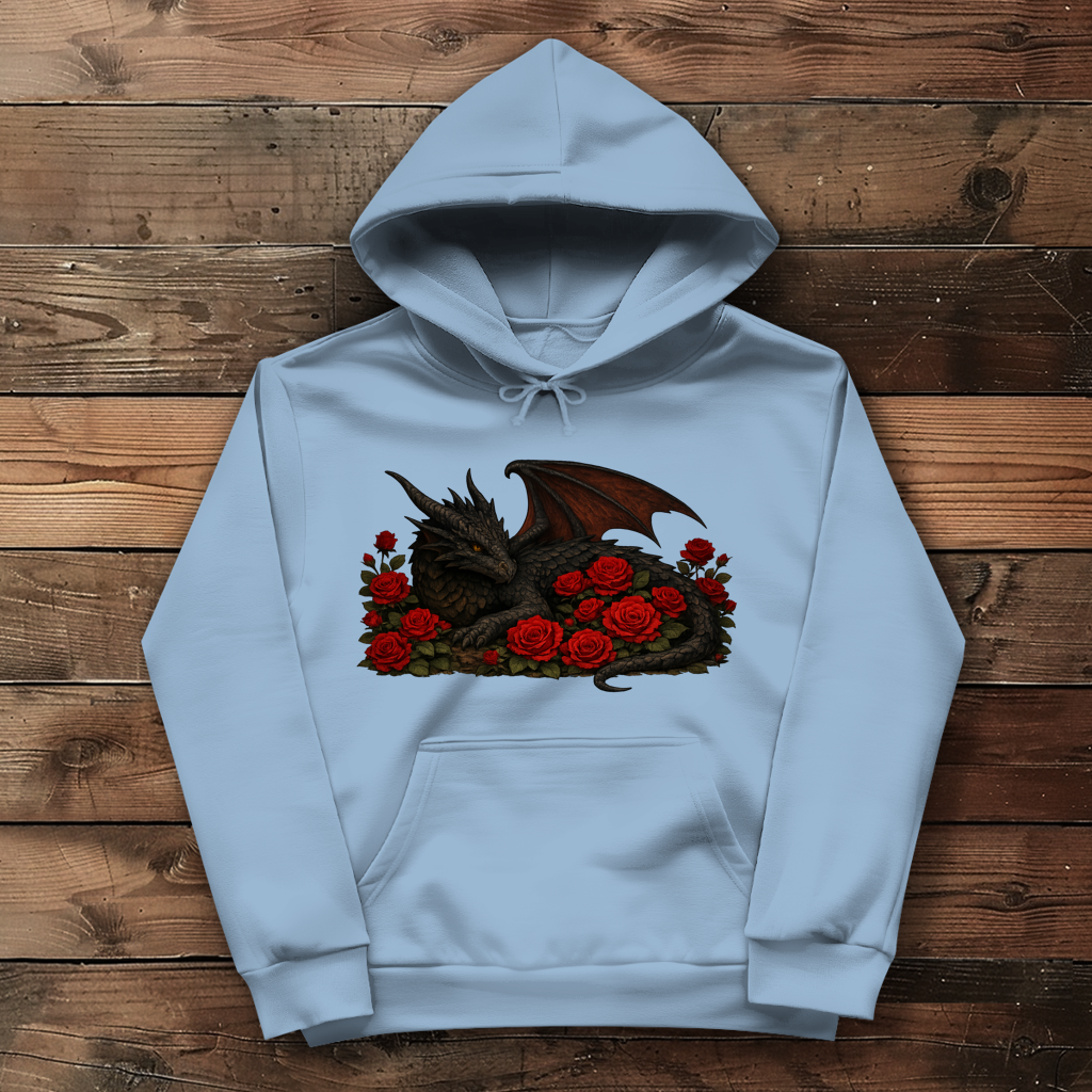 Damen Hoodie Drache schwarz liegend in Rosen