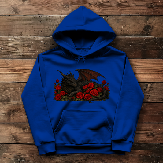 Damen Hoodie Drache schwarz liegend in Rosen