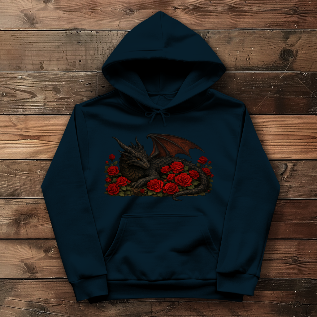 Damen Hoodie Drache schwarz liegend in Rosen