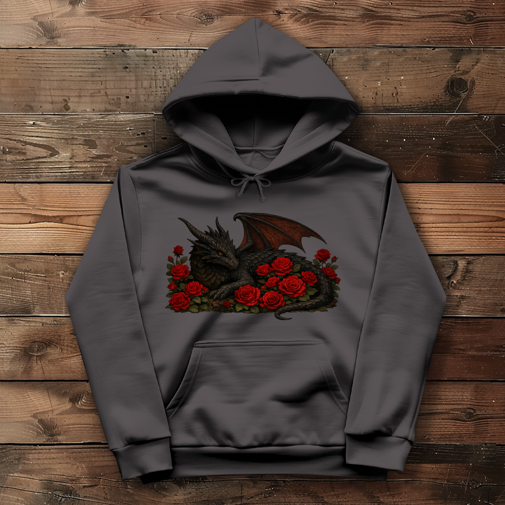 Damen Hoodie Drache schwarz liegend in Rosen