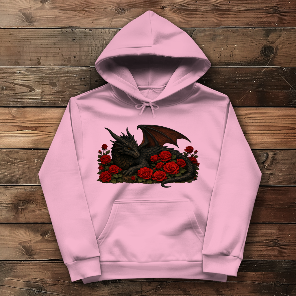 Damen Hoodie Drache schwarz liegend in Rosen