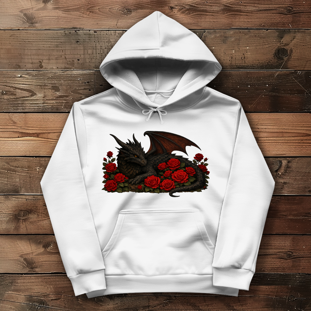 Damen Hoodie Drache schwarz liegend in Rosen