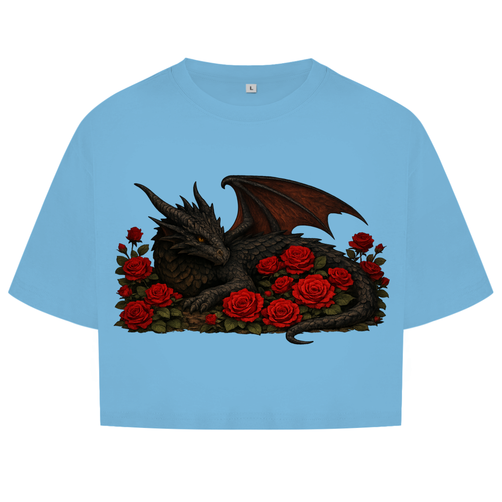 Damen Oversize Crop Top Drache schwarz liegend in Rosen