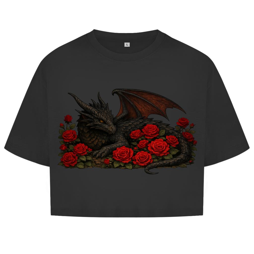 Damen Oversize Crop Top Drache schwarz liegend in Rosen