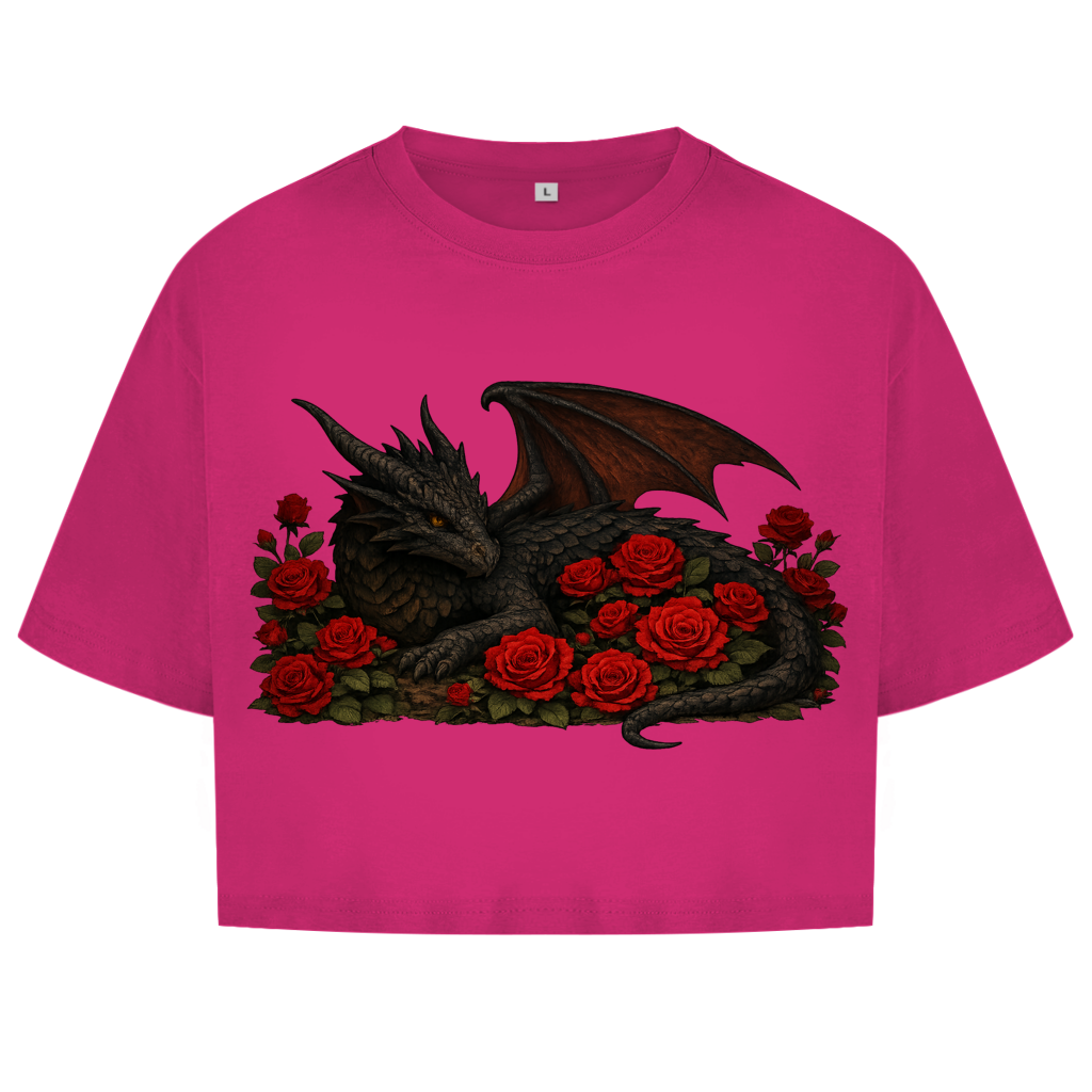 Damen Oversize Crop Top Drache schwarz liegend in Rosen