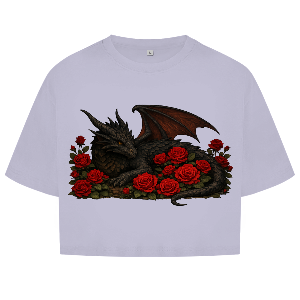 Damen Oversize Crop Top Drache schwarz liegend in Rosen