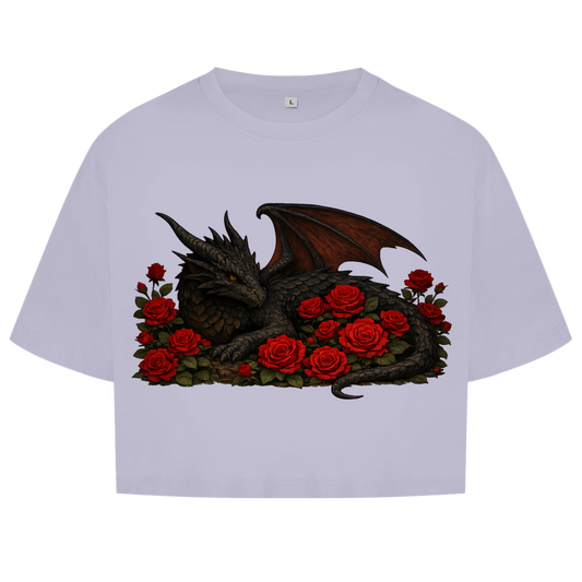 Damen Oversize Crop Top Drache schwarz liegend in Rosen