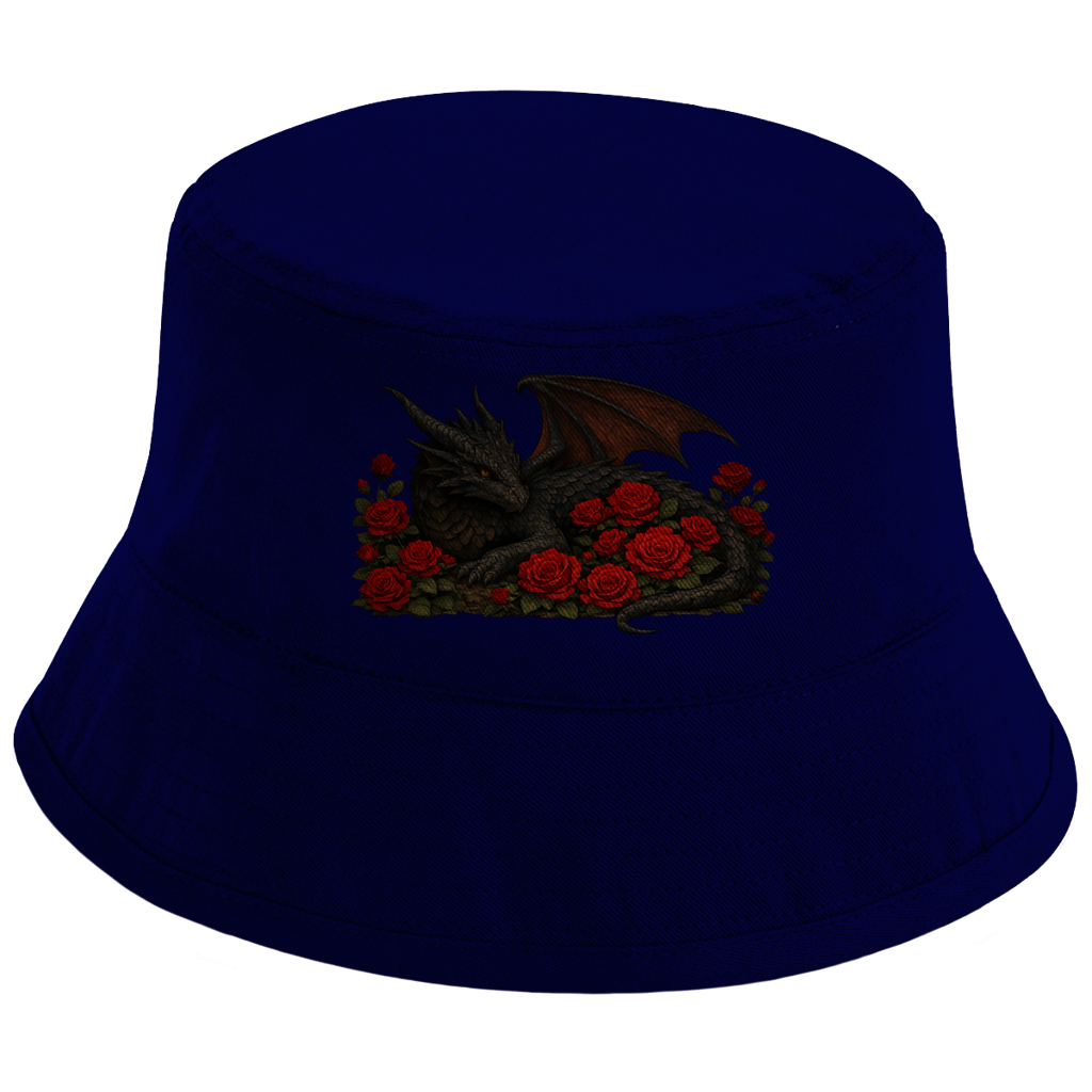 Bucket Hat Drache schwarz liegend in Rosen