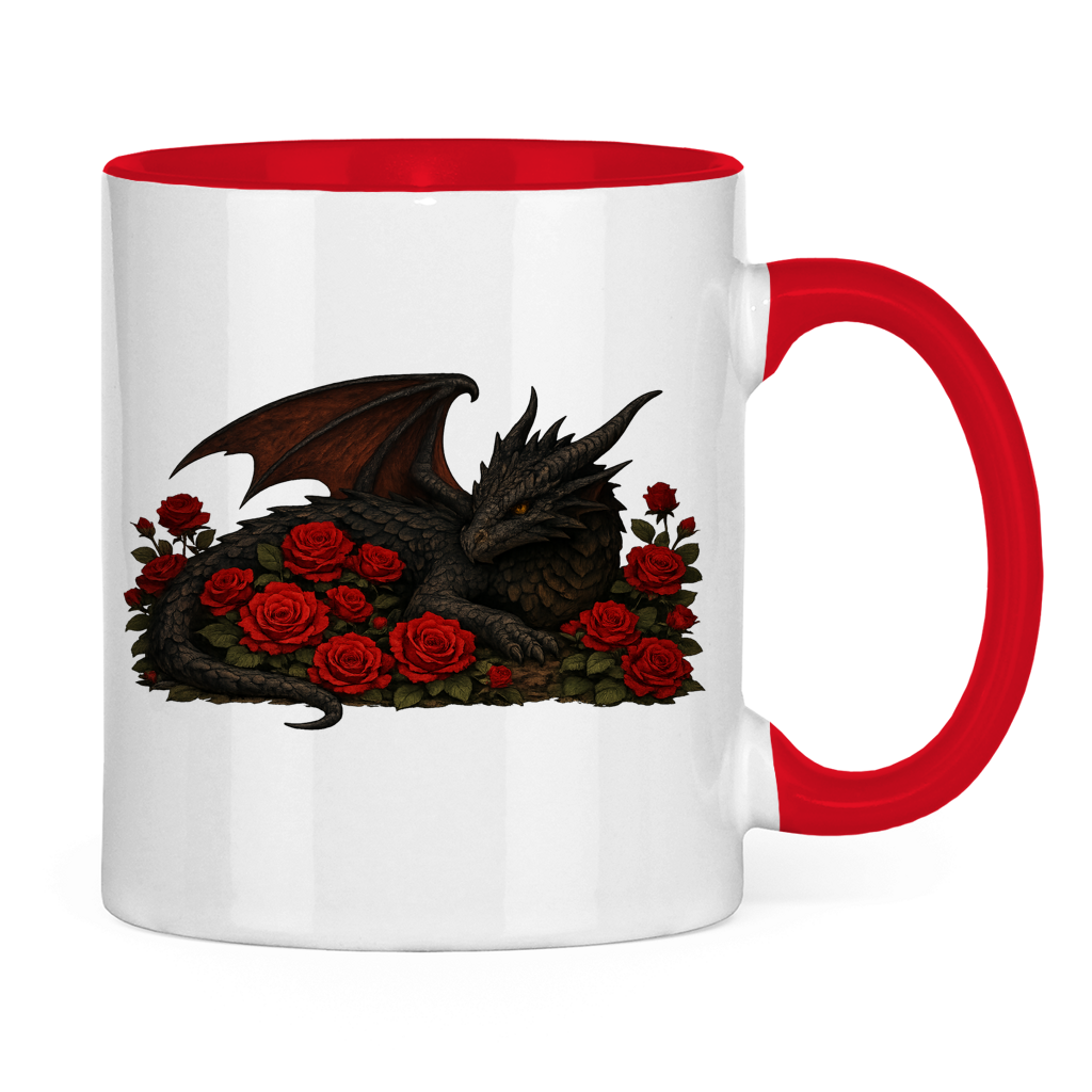 Tasse zweifarbig Drache schwarz liegend in Rosen