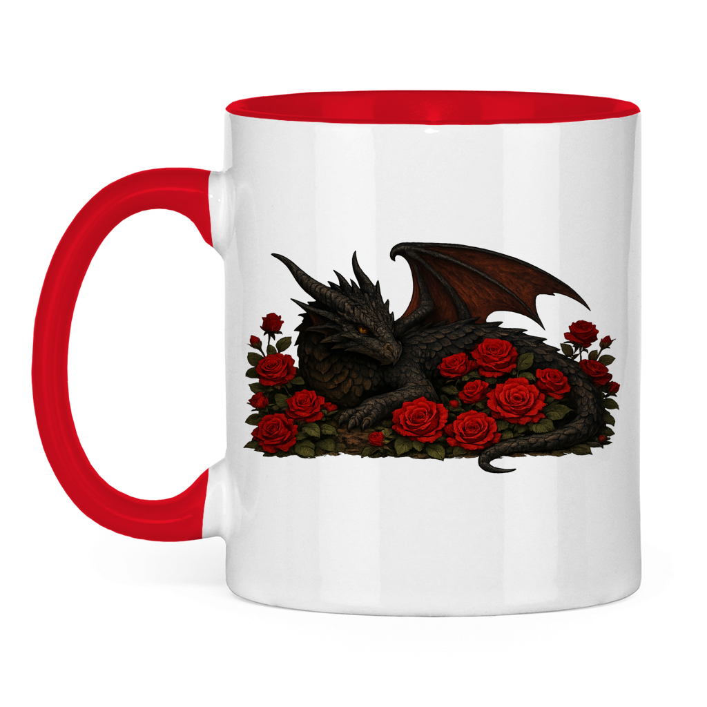 Tasse zweifarbig Drache schwarz liegend in Rosen