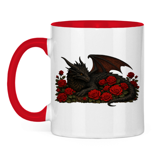 Tasse zweifarbig Drache schwarz liegend in Rosen