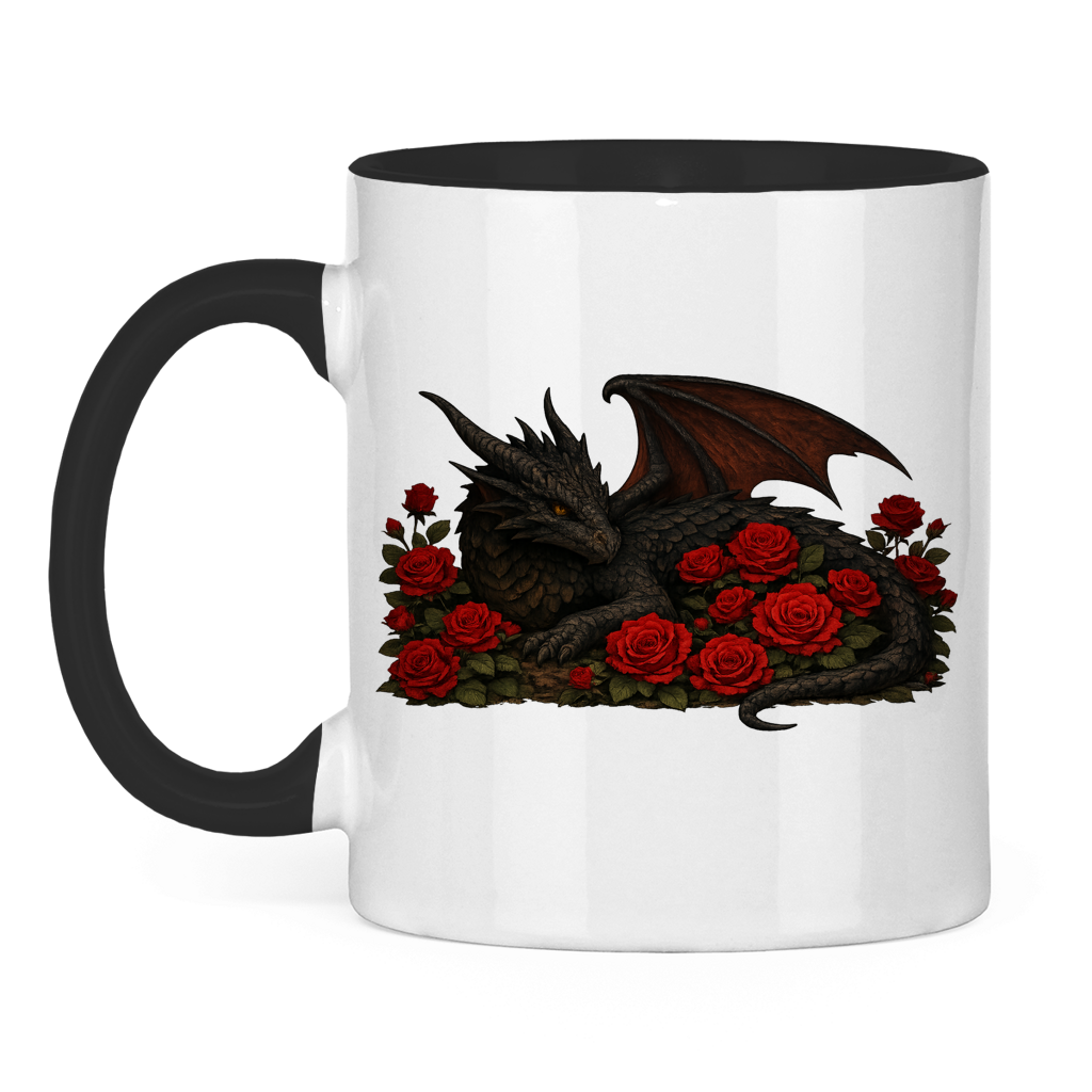 Tasse zweifarbig Drache schwarz liegend in Rosen