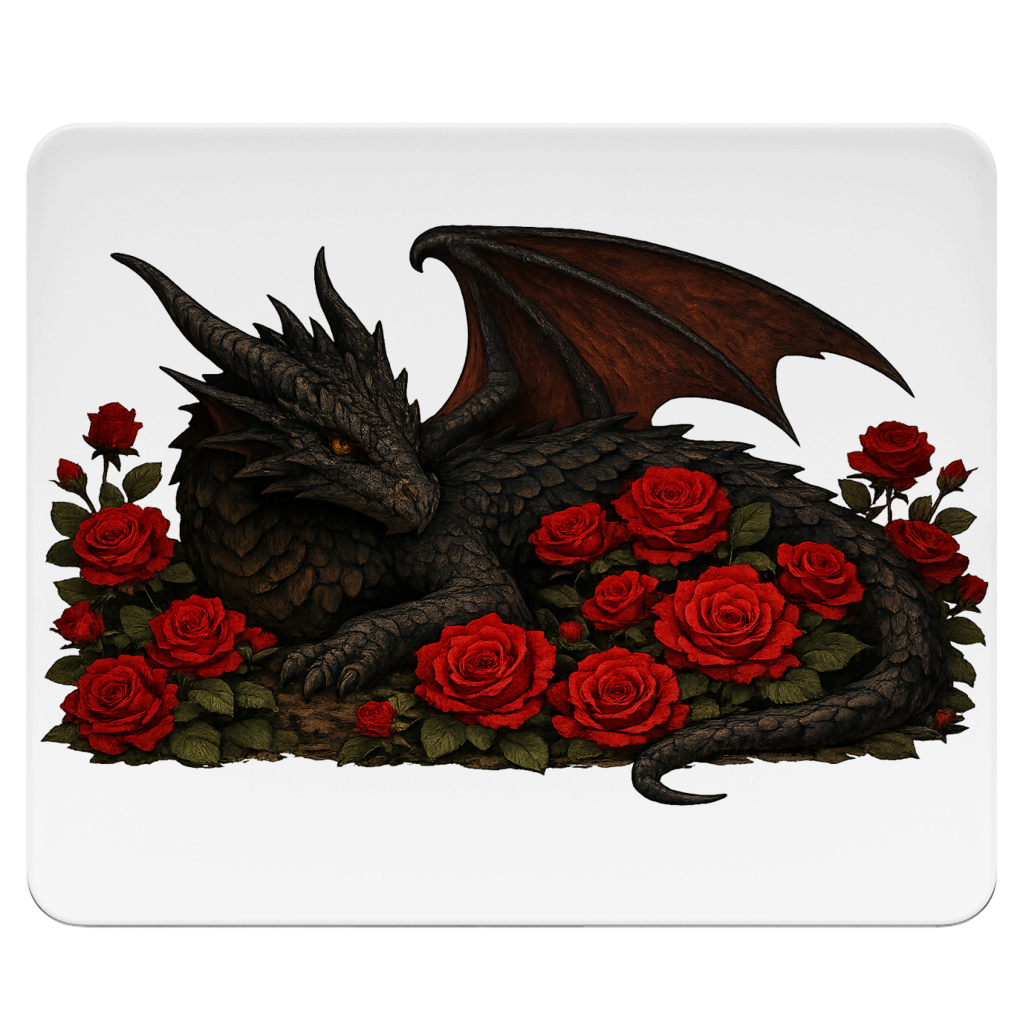 Mousepad Drache schwarz liegend in Rosen