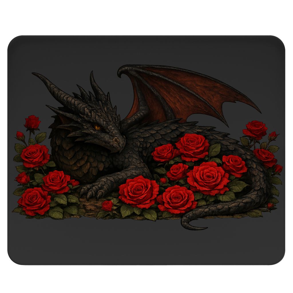 Mousepad Drache schwarz liegend in Rosen