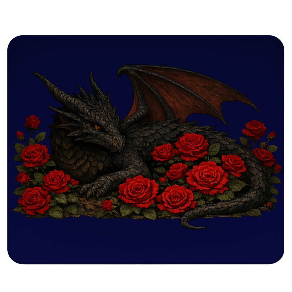 Mousepad Drache schwarz liegend in Rosen