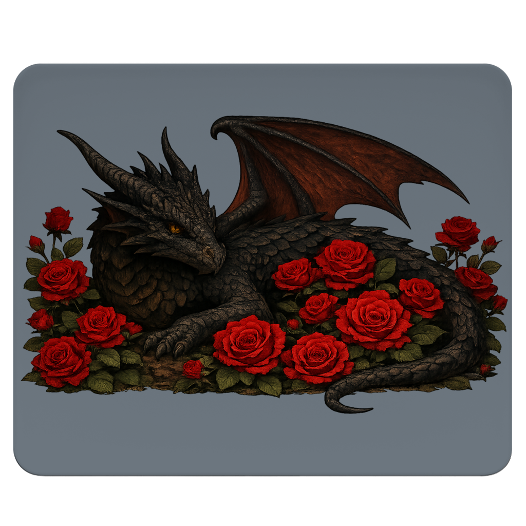 Mousepad Drache schwarz liegend in Rosen