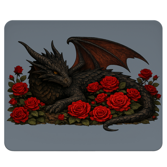 Mousepad Drache schwarz liegend in Rosen