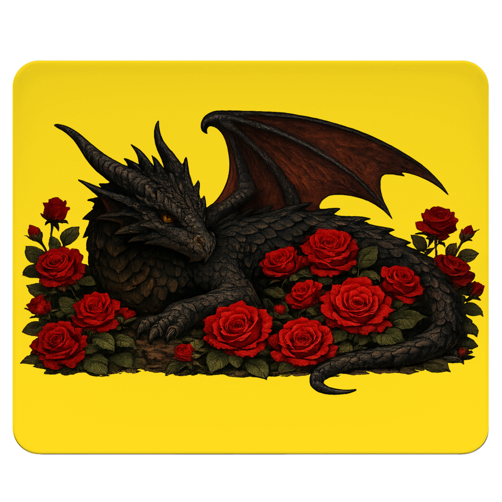 Mousepad Drache schwarz liegend in Rosen