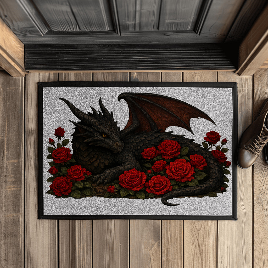 Fußmatte mit Gummirand Drache schwarz liegend in Rosen