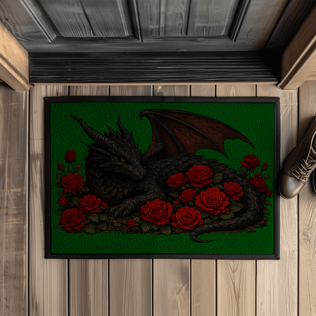 Fußmatte mit Gummirand Drache schwarz liegend in Rosen