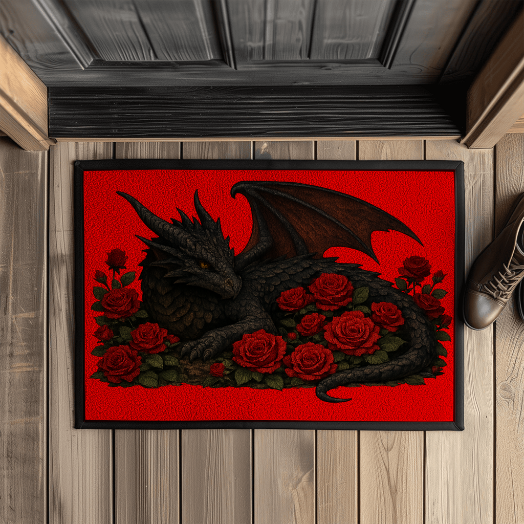 Fußmatte mit Gummirand Drache schwarz liegend in Rosen