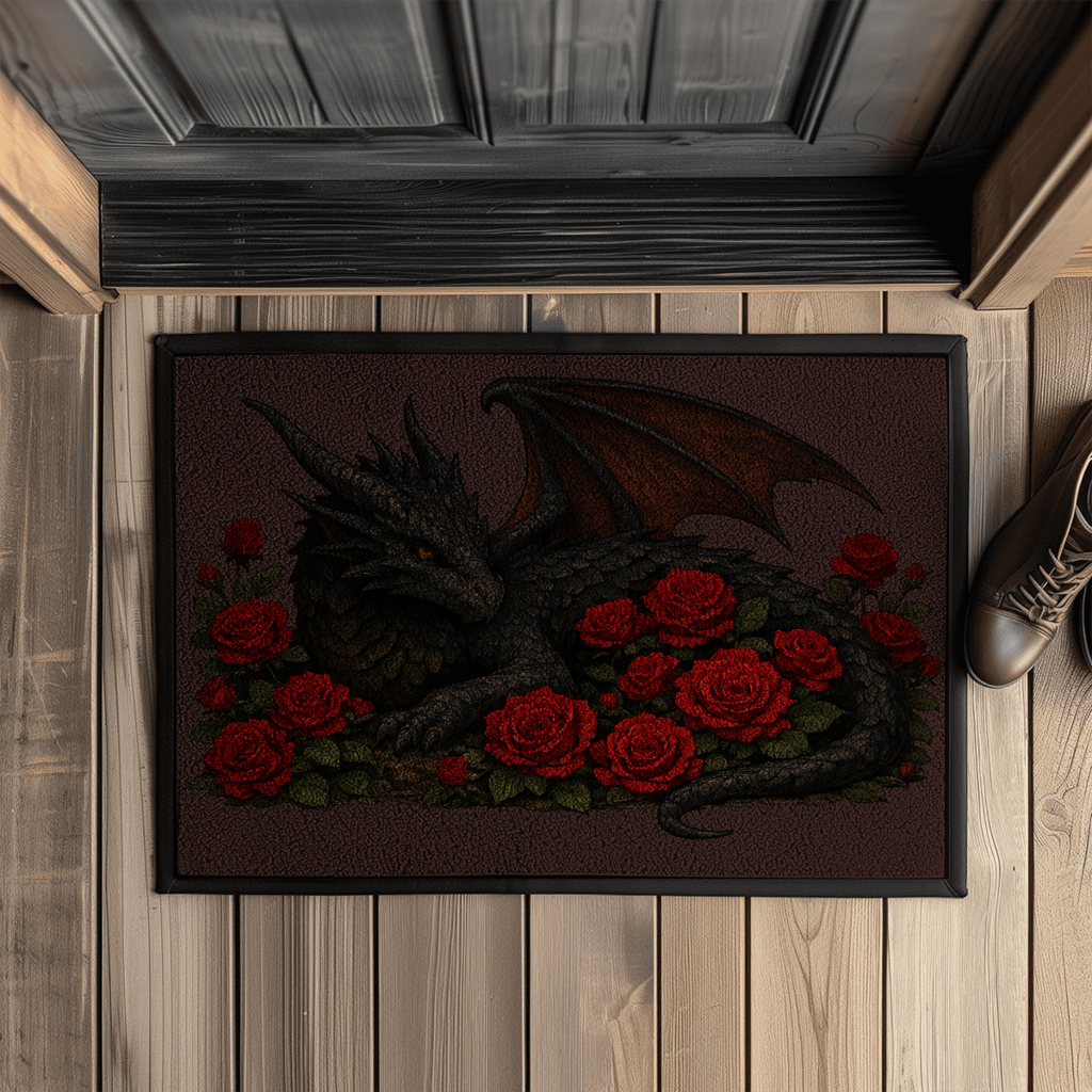 Fußmatte mit Gummirand Drache schwarz liegend in Rosen