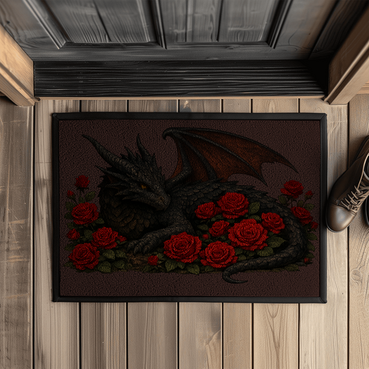 Fußmatte mit Gummirand Drache schwarz liegend in Rosen