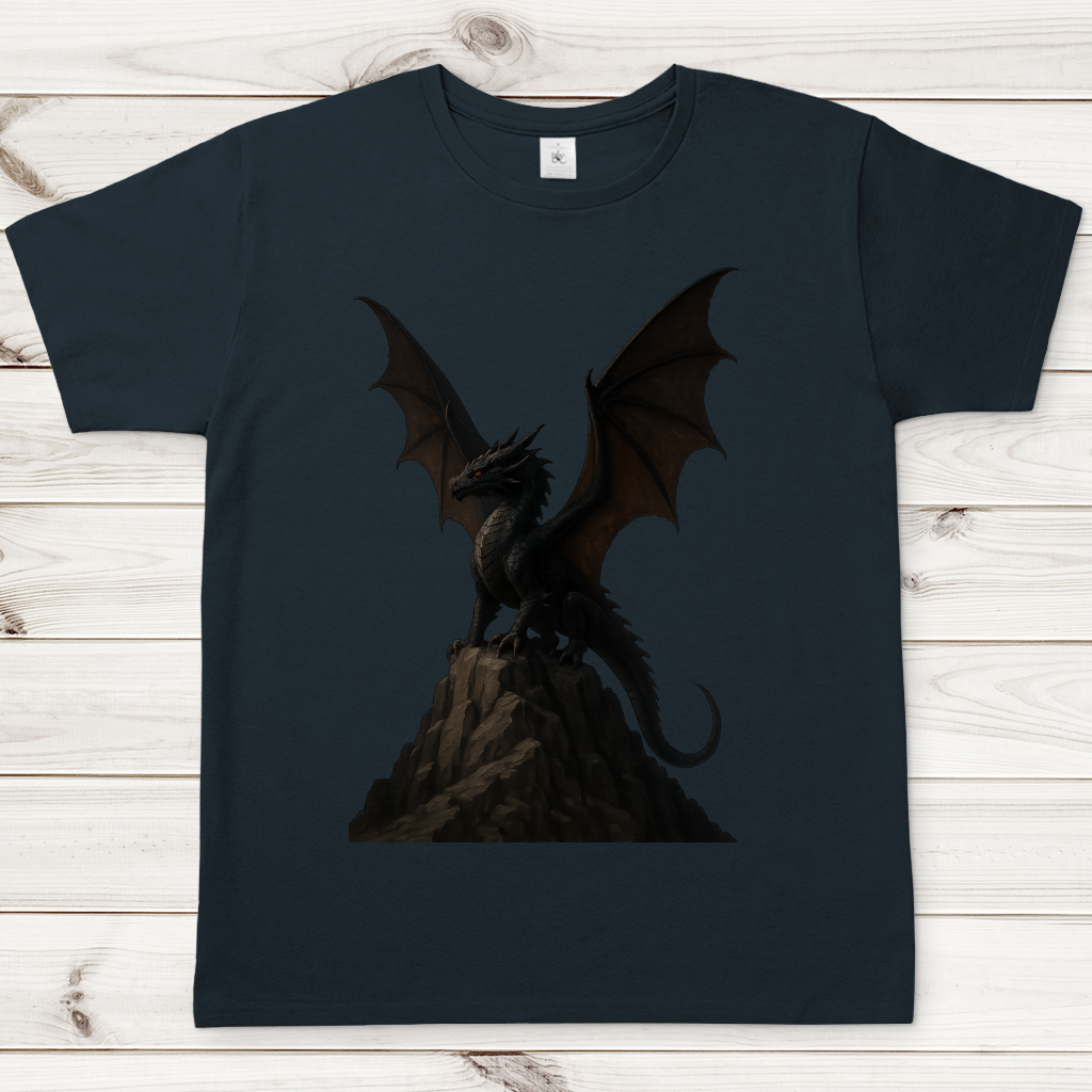 Herren T-Shirt Drache schwarz breite Flügel auf Felsen