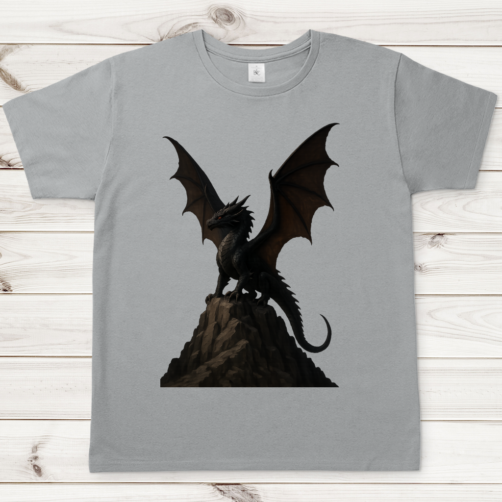 Herren T-Shirt Drache schwarz breite Flügel auf Felsen