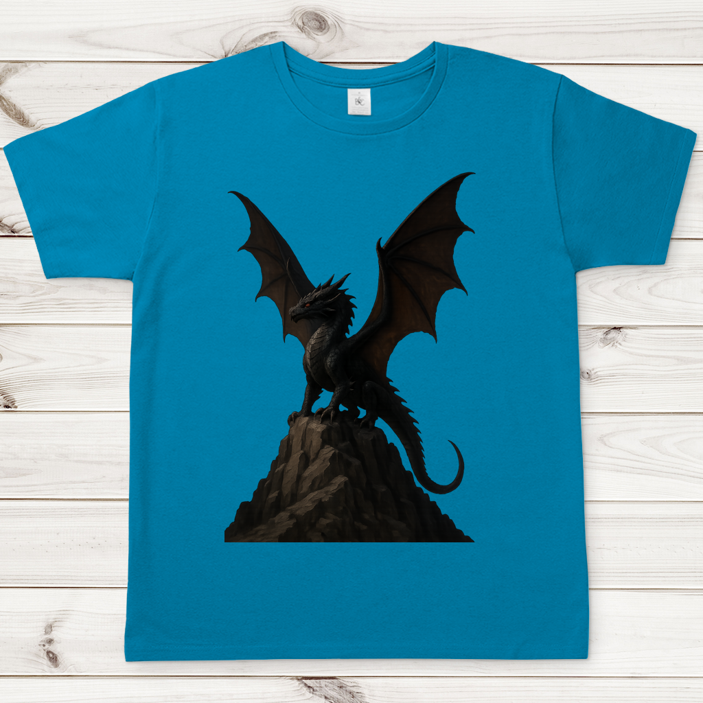 Herren T-Shirt Drache schwarz breite Flügel auf Felsen