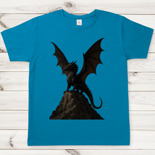 Herren T-Shirt Drache schwarz breite Flügel auf Felsen