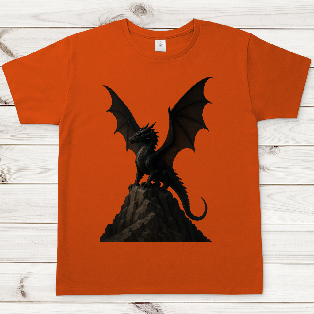 Herren T-Shirt Drache schwarz breite Flügel auf Felsen