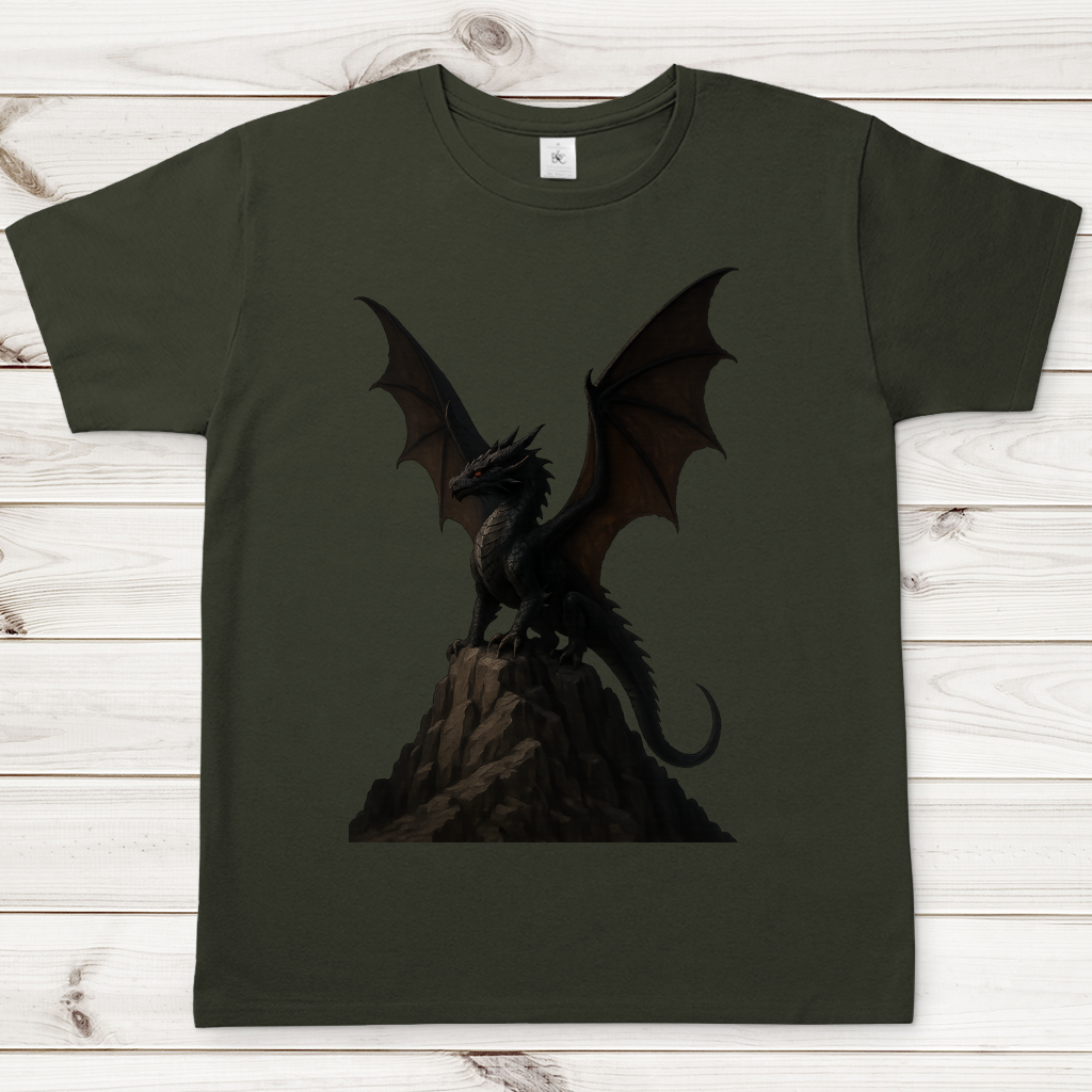 Herren T-Shirt Drache schwarz breite Flügel auf Felsen