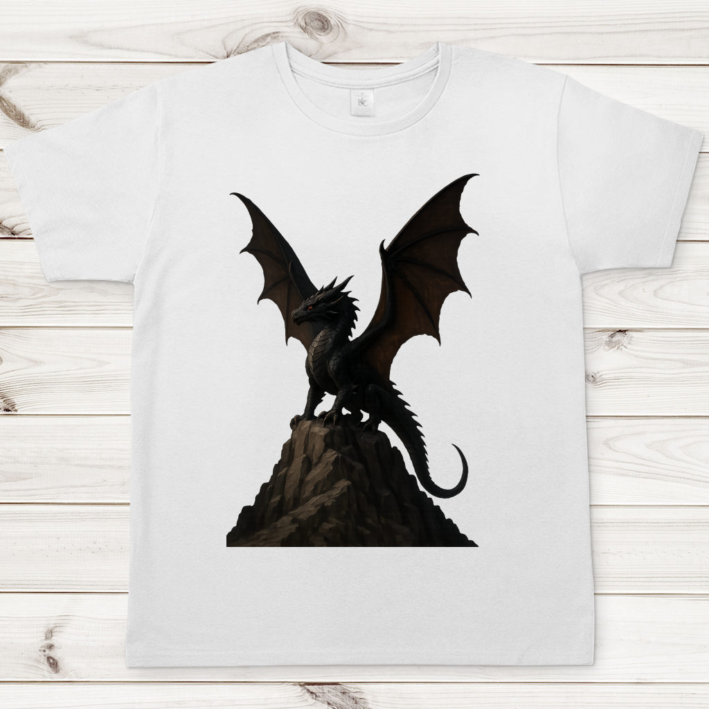 Herren T-Shirt Drache schwarz breite Flügel auf Felsen