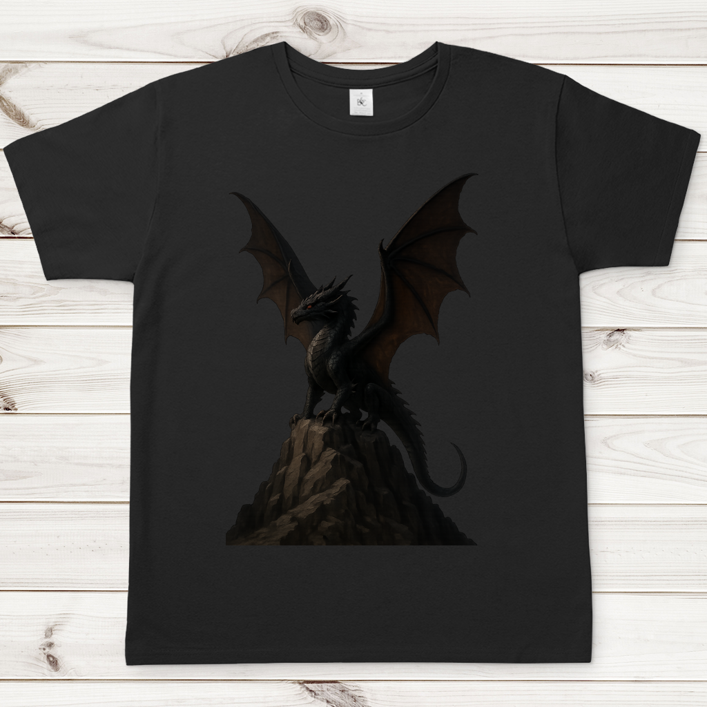 Herren T-Shirt Drache schwarz breite Flügel auf Felsen