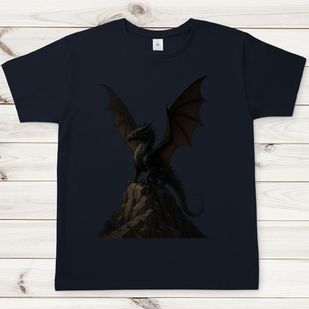 Herren T-Shirt Drache schwarz breite Flügel auf Felsen