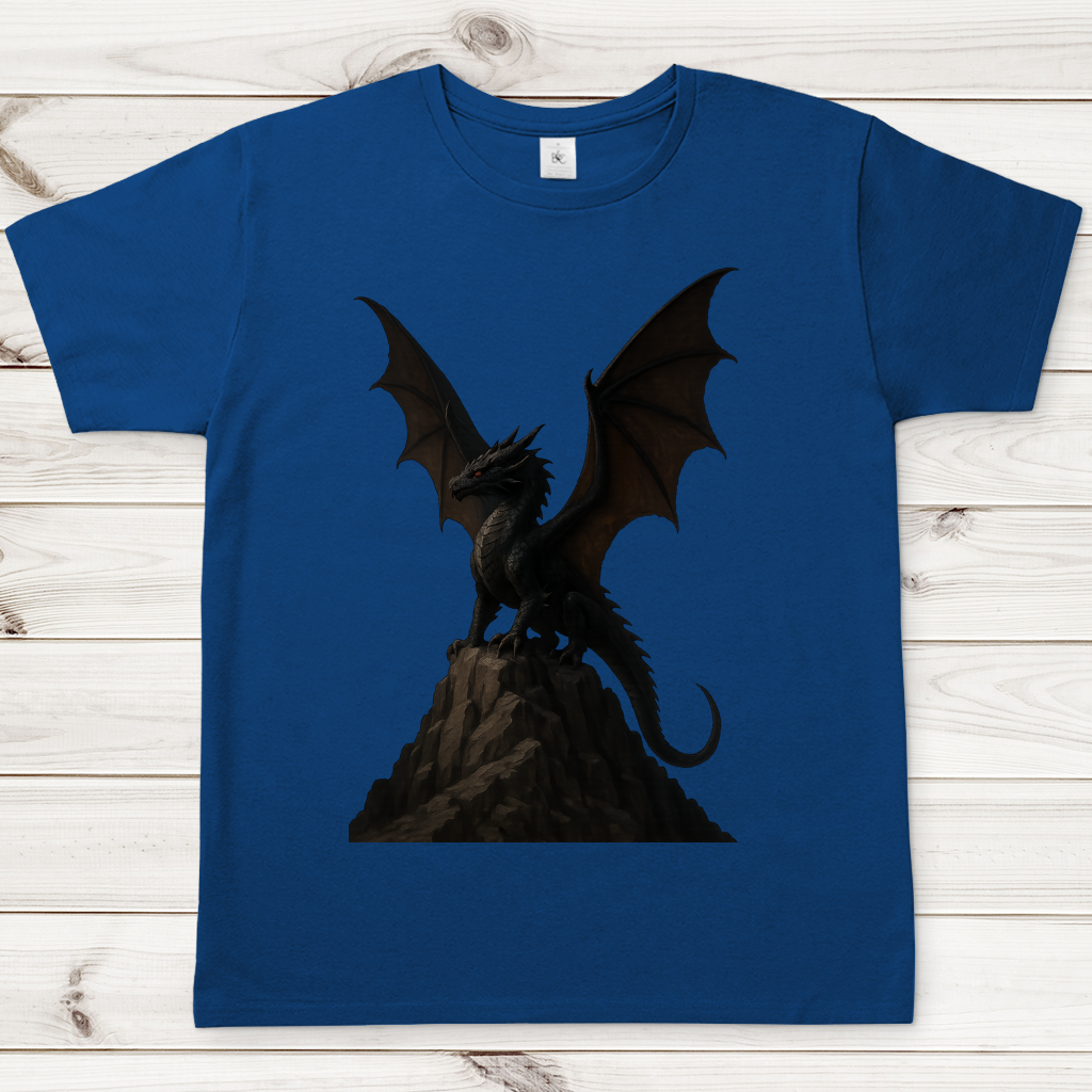 Herren T-Shirt Drache schwarz breite Flügel auf Felsen