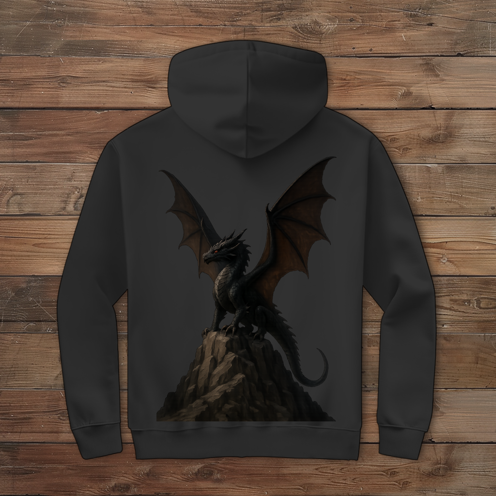 Herren Zipper Hoodie Drache schwarz breite Flügel auf Felsen