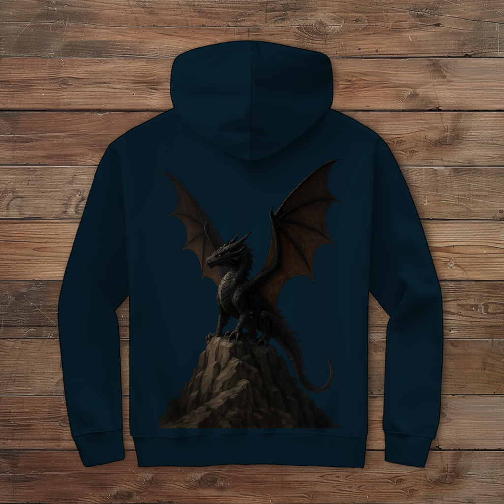 Herren Zipper Hoodie Drache schwarz breite Flügel auf Felsen