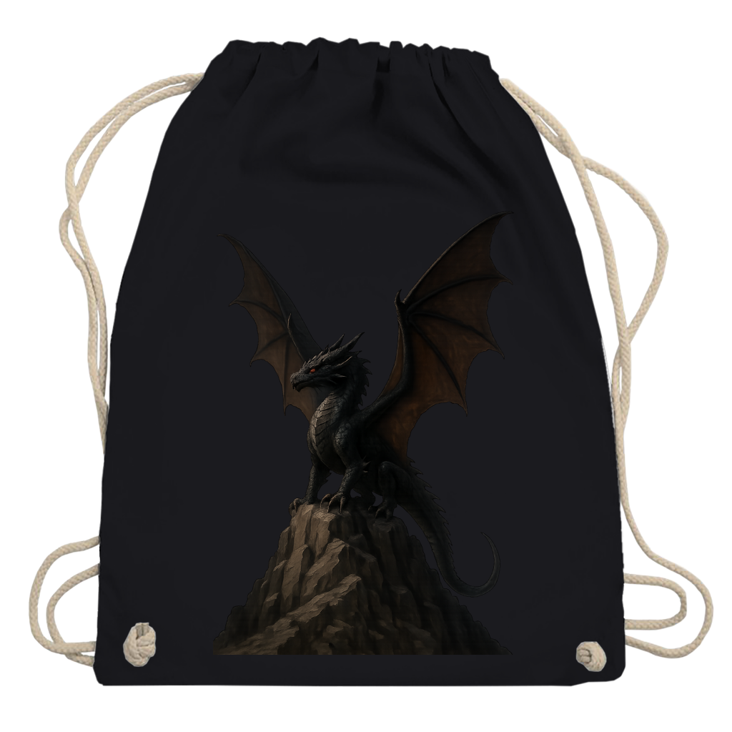 Turnbeutel Drache schwarz breite Flügel auf Felsen