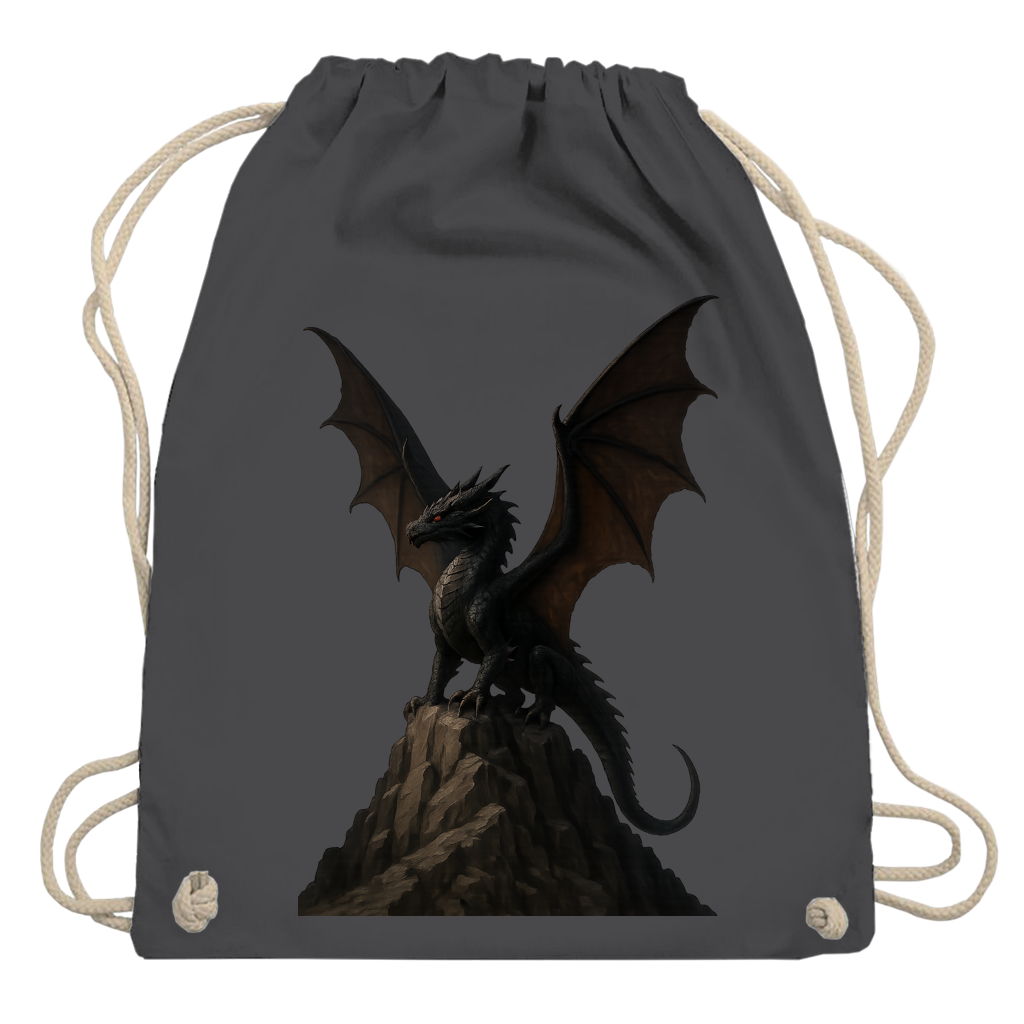Turnbeutel Drache schwarz breite Flügel auf Felsen