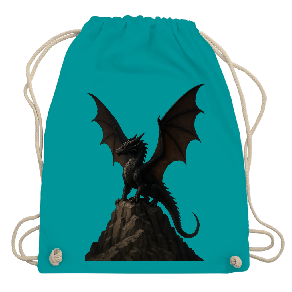 Turnbeutel Drache schwarz breite Flügel auf Felsen