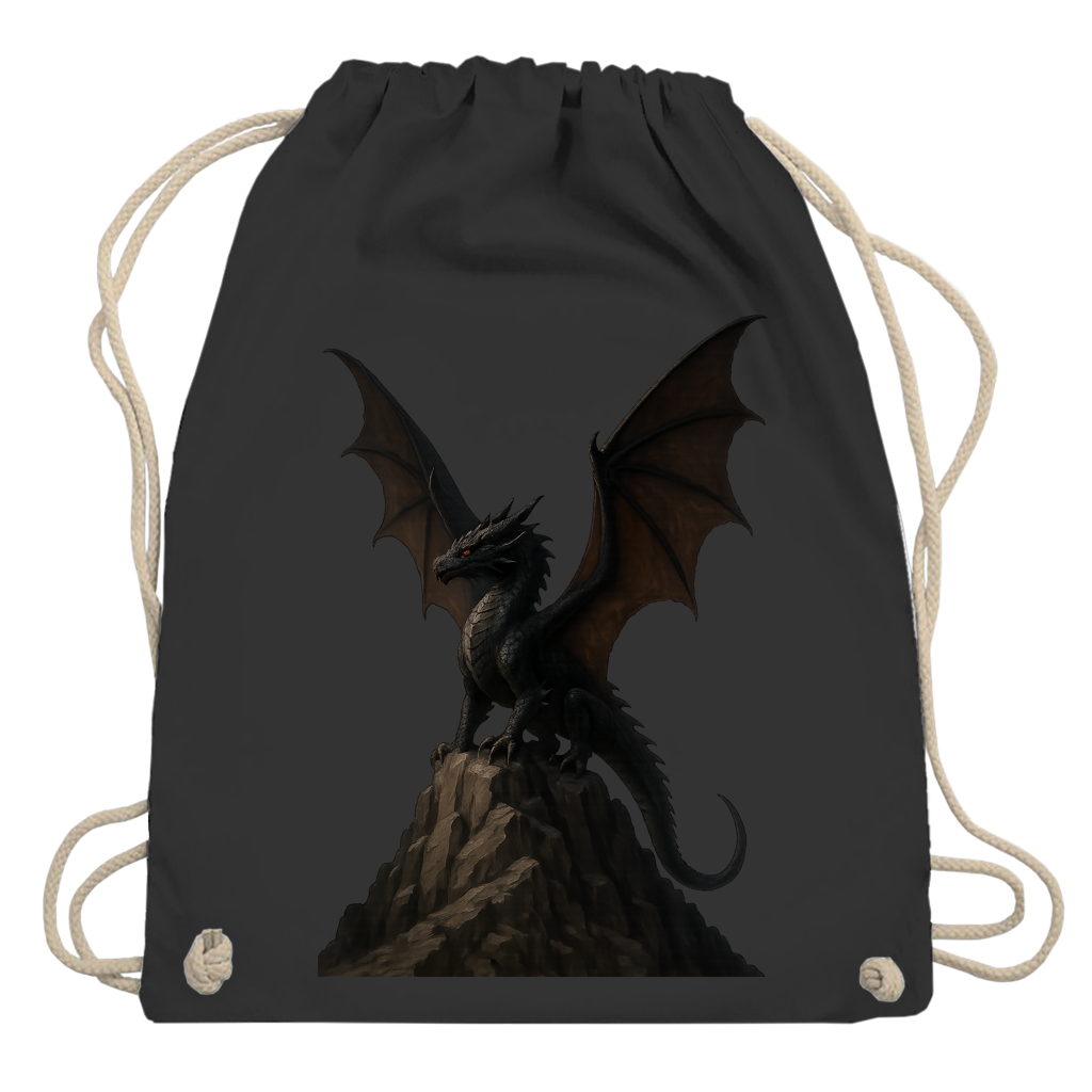 Turnbeutel Drache schwarz breite Flügel auf Felsen
