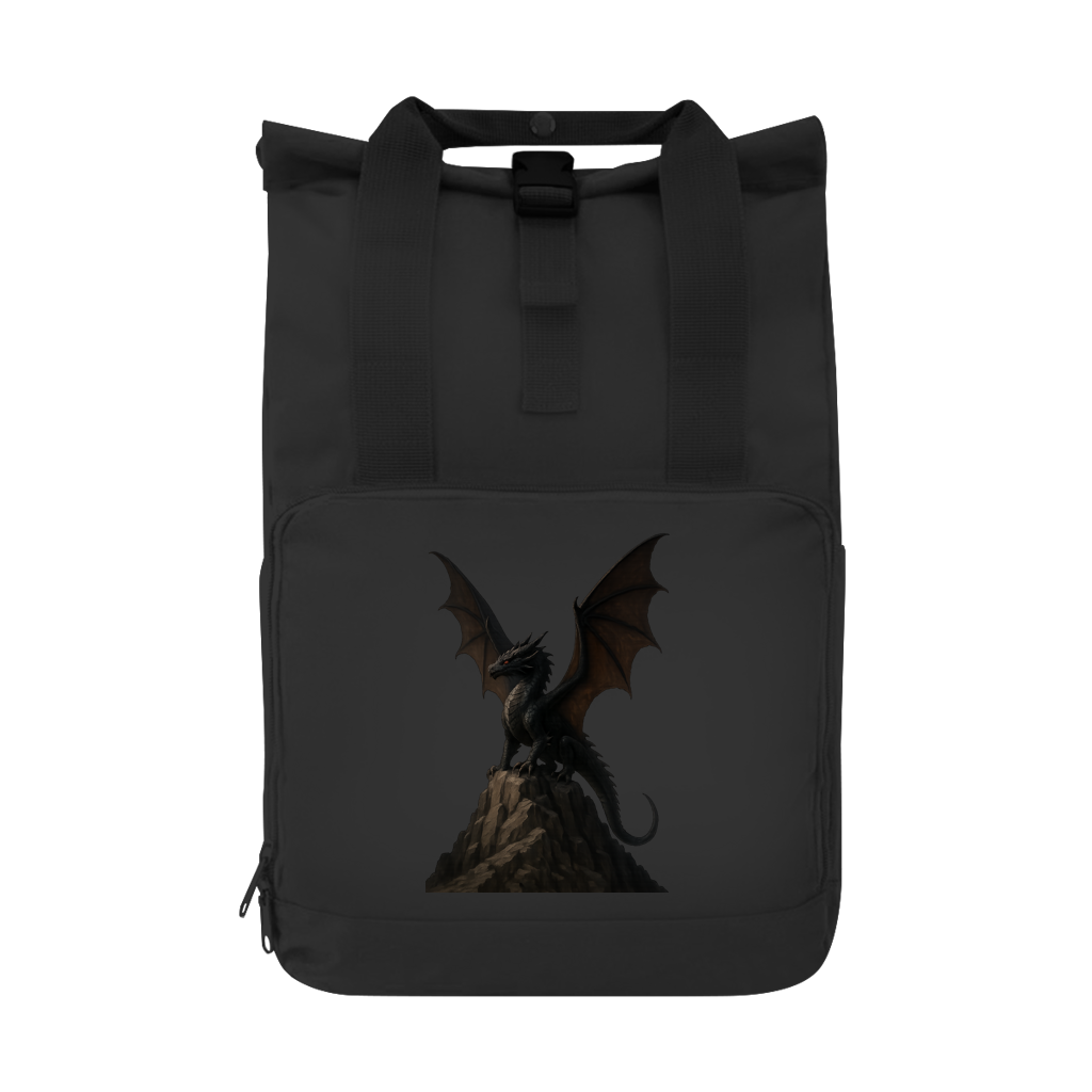 Rucksack Drache schwarz breite Flügel auf Felsen
