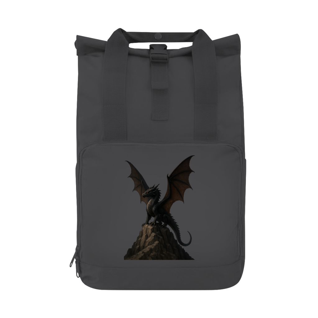 Rucksack Drache schwarz breite Flügel auf Felsen