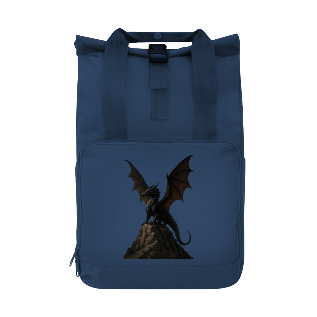 Rucksack Drache schwarz breite Flügel auf Felsen