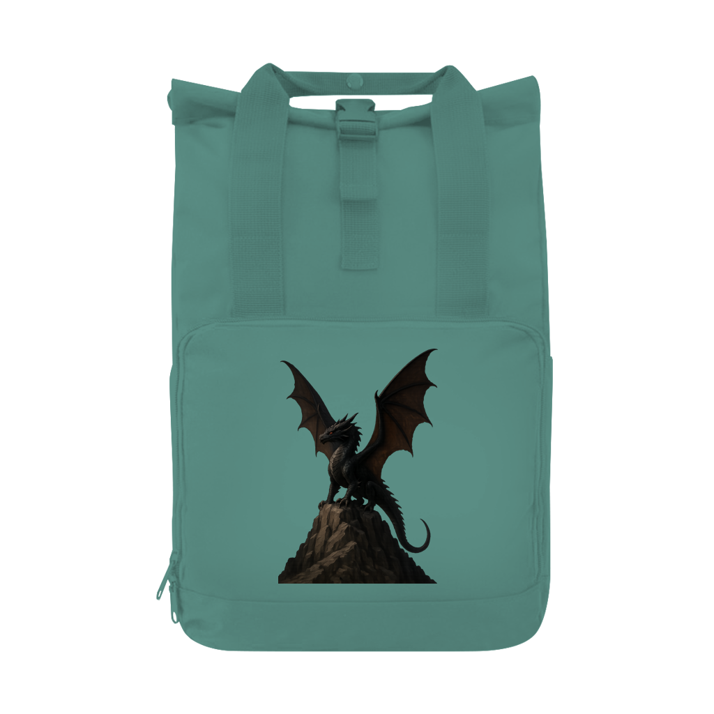 Rucksack Drache schwarz breite Flügel auf Felsen