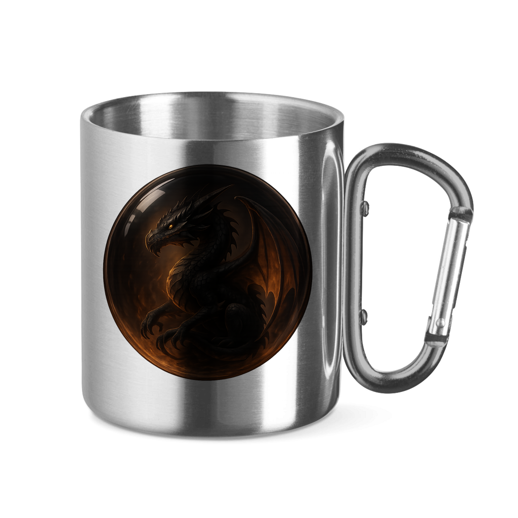 Edelstahltasse mit Karabinergriff Drache schwarz in einer Blase